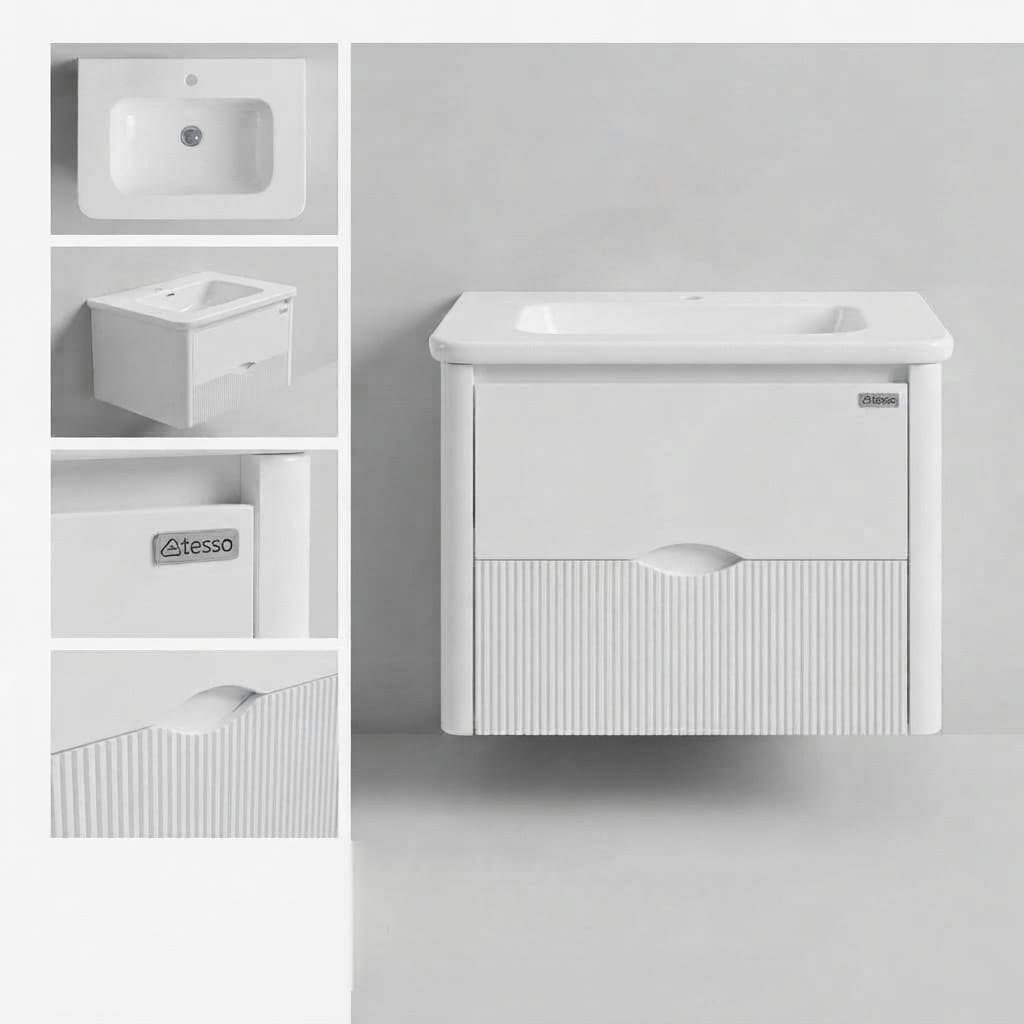 Ensemble Meuble Vasque Suspendu 60 cm | Série Lame Cannelée Blanche