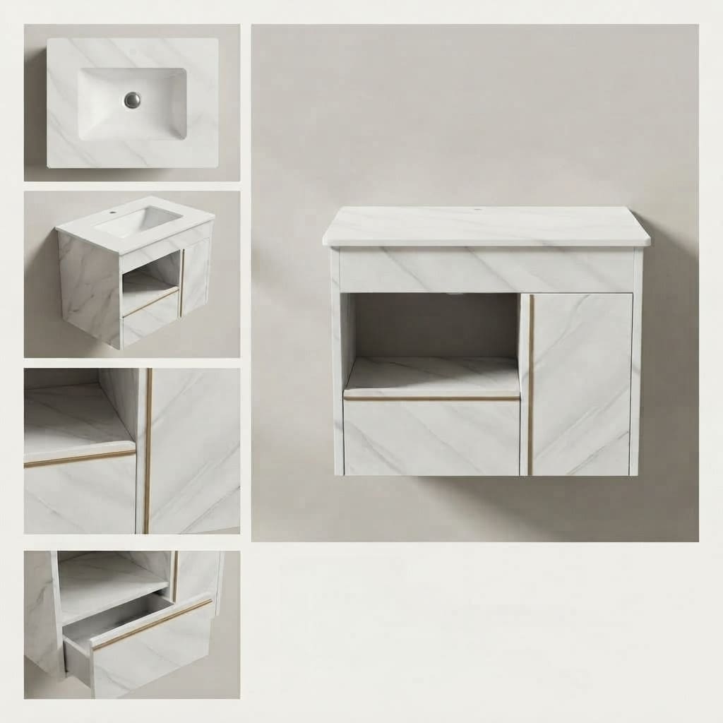 Ensemble Meuble Vasque Suspendu 60 cm | Série Marbre Blanc et Doré