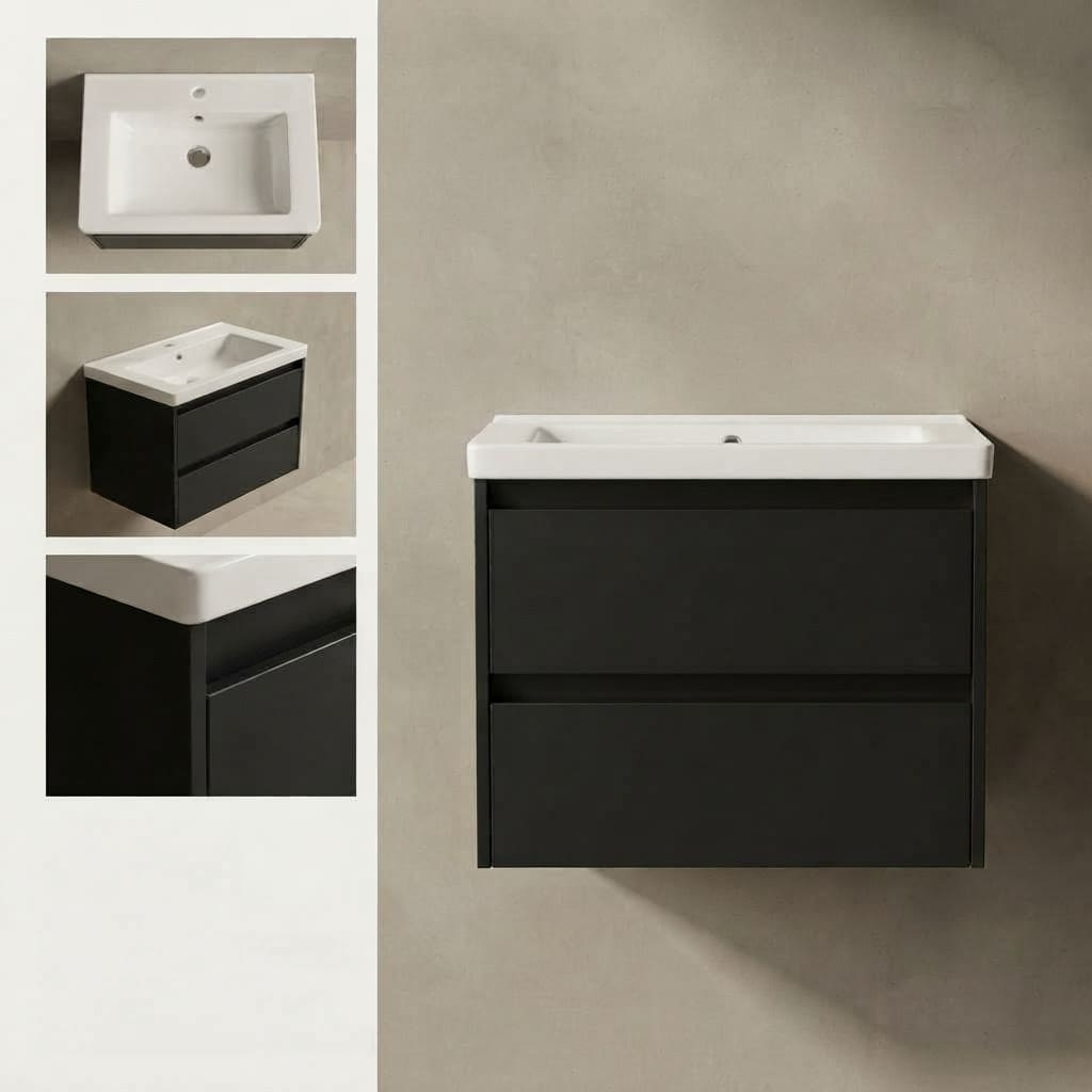 Ensemble Meuble Vasque Suspendu 60 cm  | Série Minimaliste Noir Mat