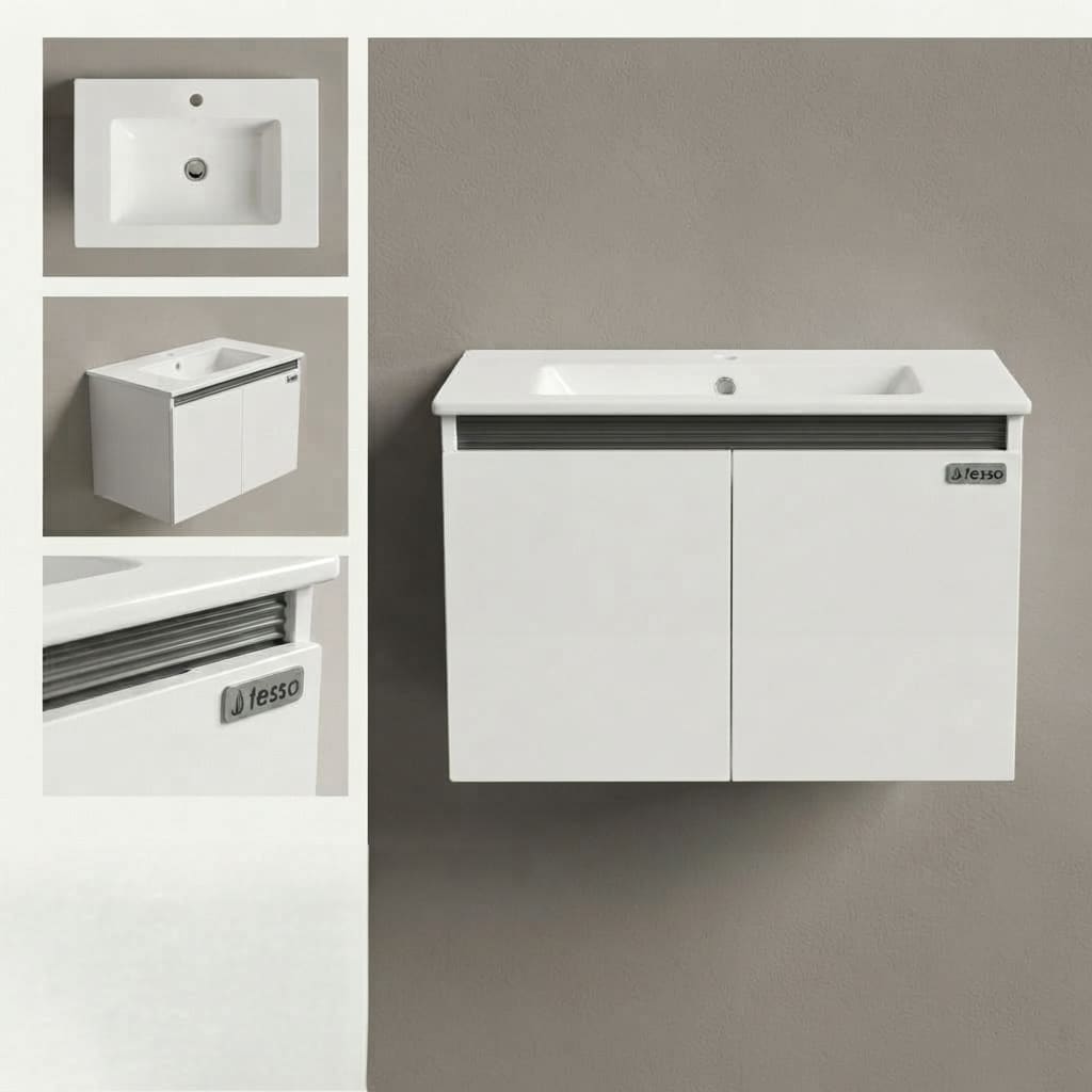 Ensemble Meuble Vasque Suspendu 80 cm | Série Tesso Blanc & Bande Décorative Rayée