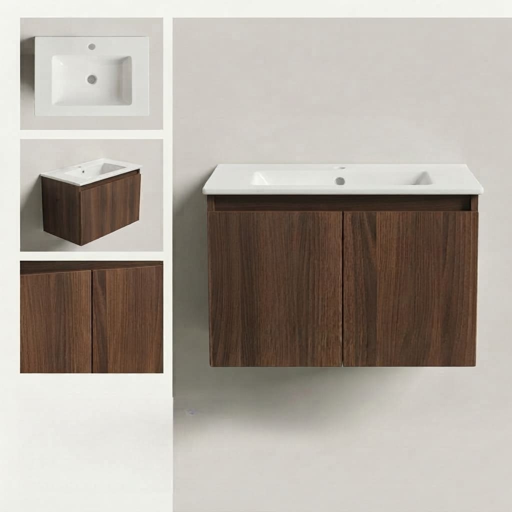Ensemble Meuble Vasque Suspendu 60 cm | Série Noyer Chaleureux & Lignes Épurées