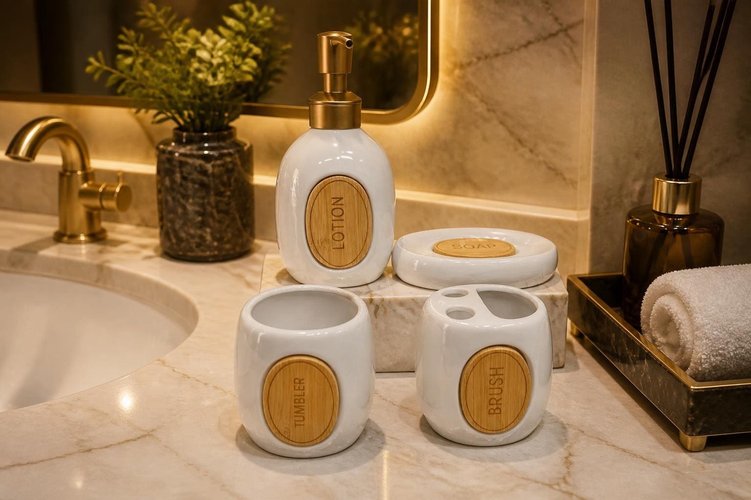 Ensemble d'accessoires de salle de bain en céramique blanche et bois – 4 pièces