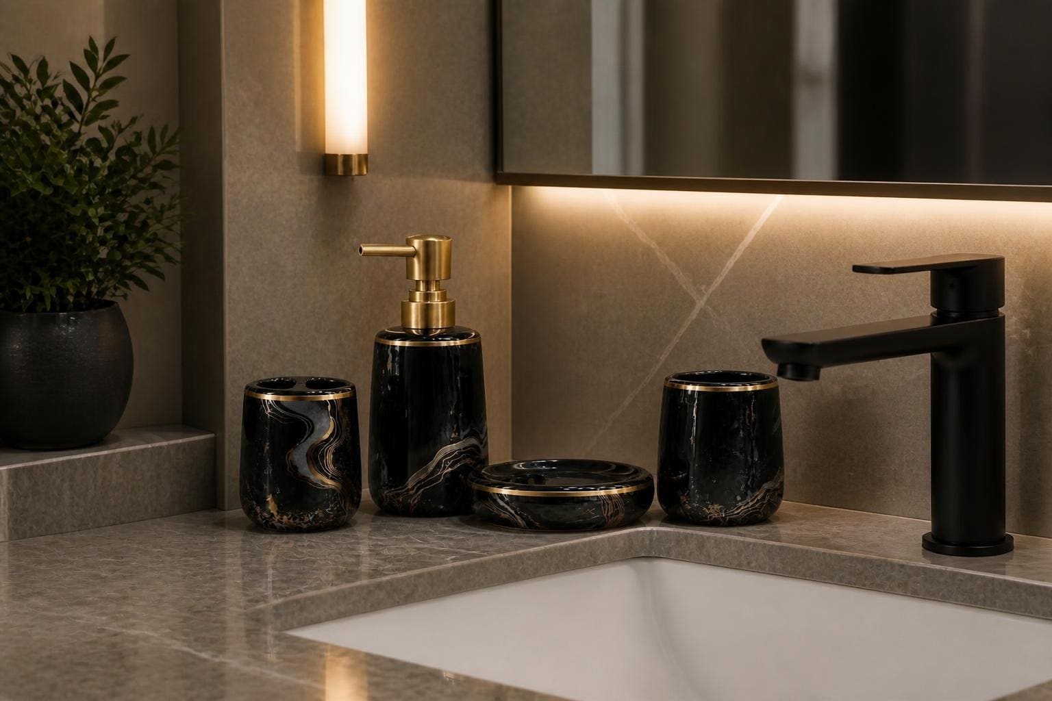 Ensemble d'accessoires de salle de bain en céramique noir marbré or – 4 pièces