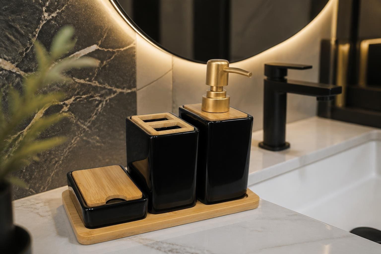 Ensemble d'accessoires de salle de bain en céramique noire et bambou avec plateau – 3 pièces  