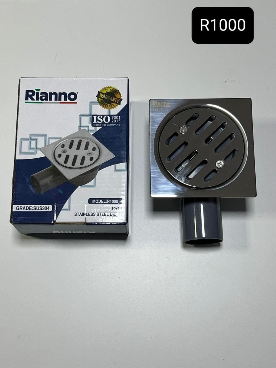 Siphon de Sol Carré en Inox Rianno – R1000 – Grade SUS304 (10x10 cm)